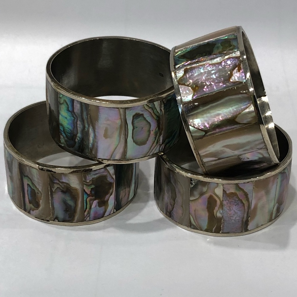 VINTAGE LOT OF 4 Napkin Rings MEXICO ABALONE MOTHER OF PEARL  INLAY Unique Color